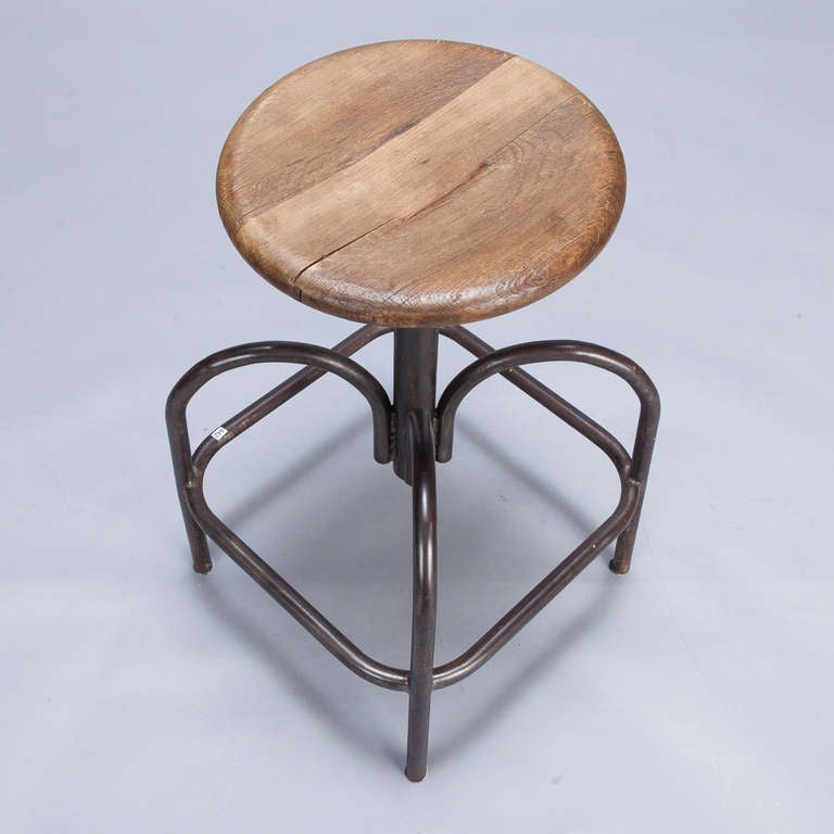 Adjustable Wood and Steel Industrial Stool In Good Condition In Troy, MI