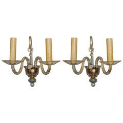 Pair of Mid Century Two-Light Amber Murano Glass Sconces