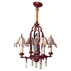 Red Chinoiserie Figural Chandelier with Original Shades and Rock Crystals