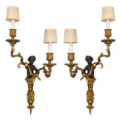 Pair of Two-Arm Gilded Bronze Sconces with Puti