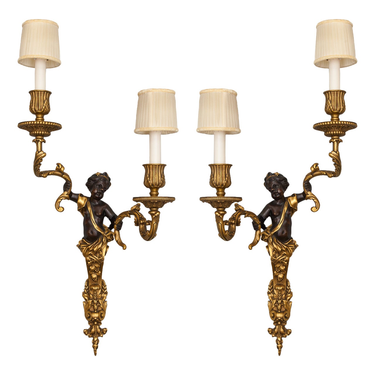 Pair of Two-Arm Gilded Bronze Sconces with Puti