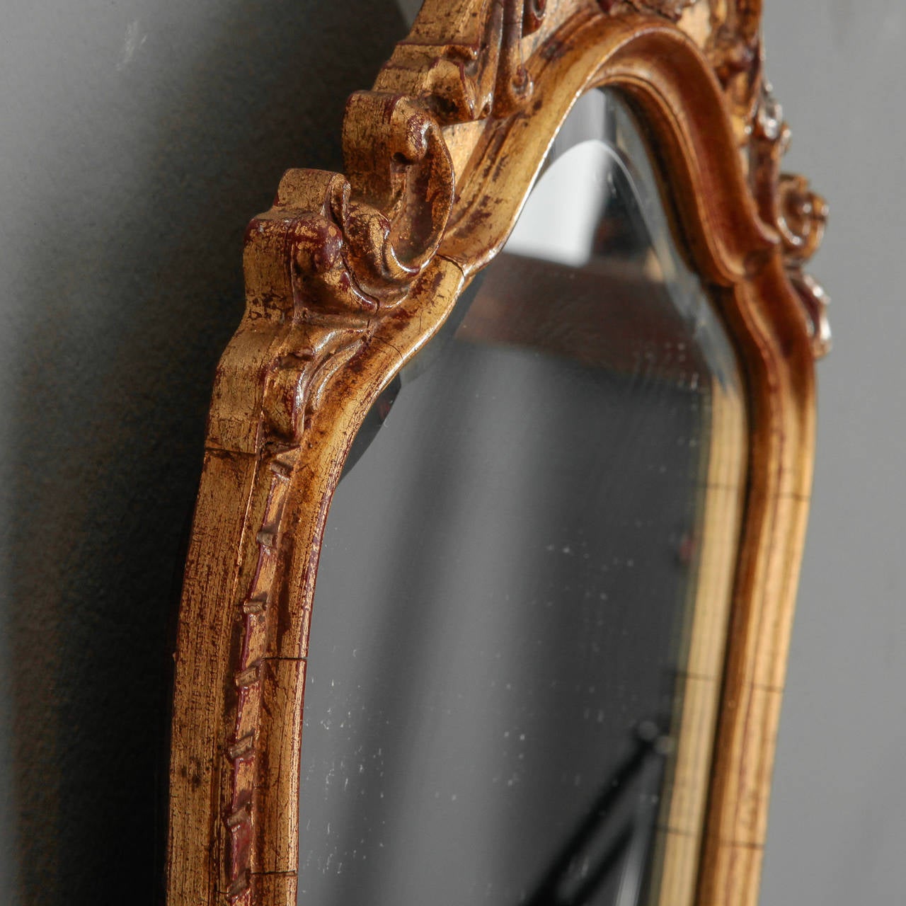 Gesso French Dark Gilt Mirror with Foliate Crown