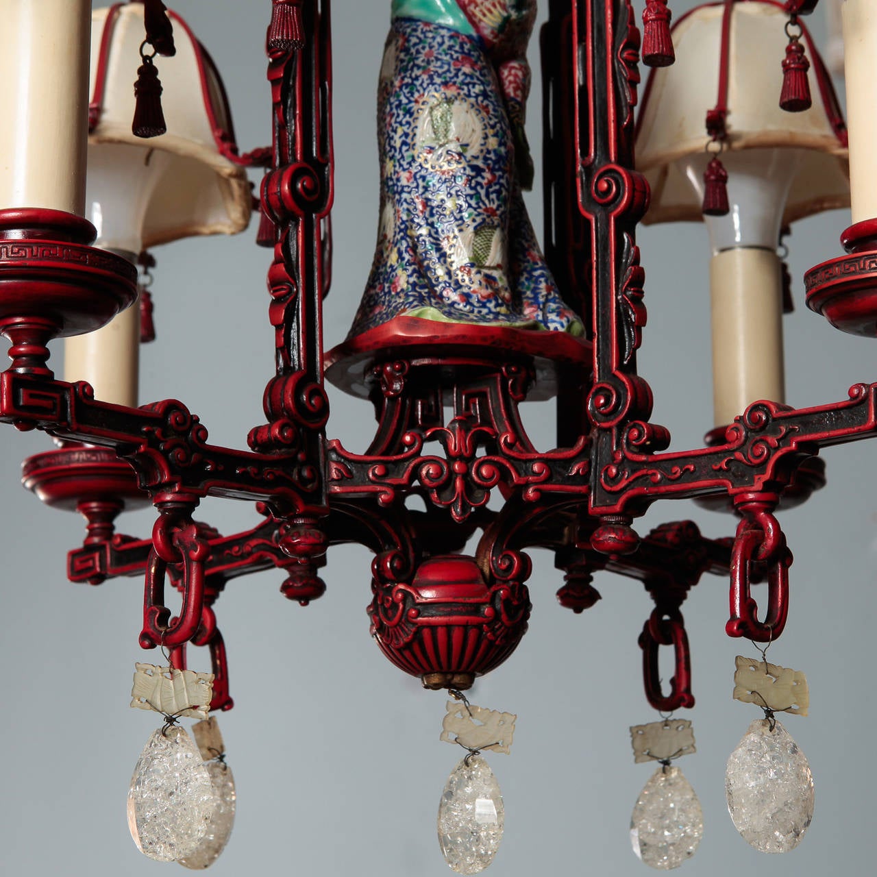 Red Chinoiserie Figural Chandelier with Original Shades and Rock Crystals 3