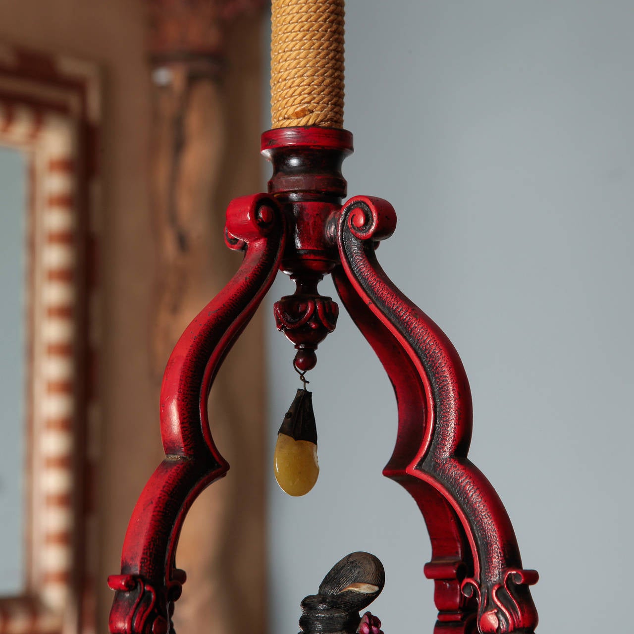 Iron Red Chinoiserie Figural Chandelier with Original Shades and Rock Crystals