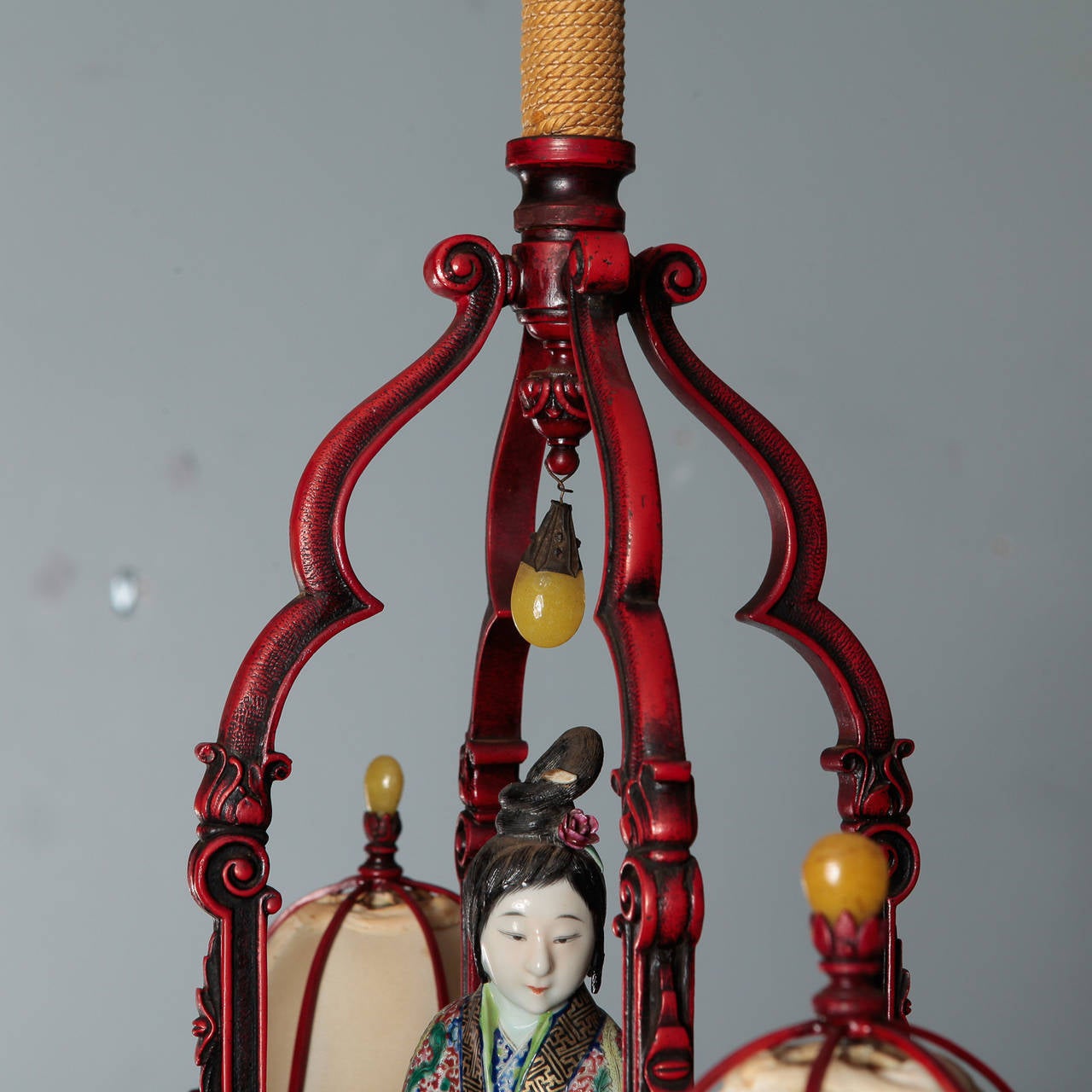 Red Chinoiserie Figural Chandelier with Original Shades and Rock Crystals In Excellent Condition In Troy, MI