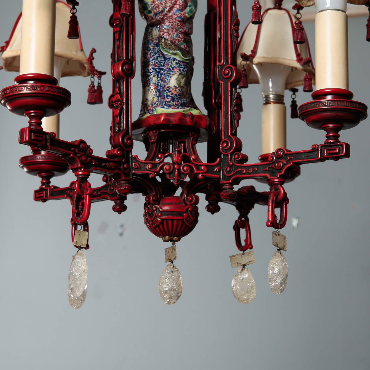 Unknown Red Chinoiserie Figural Chandelier with Original Shades and Rock Crystals