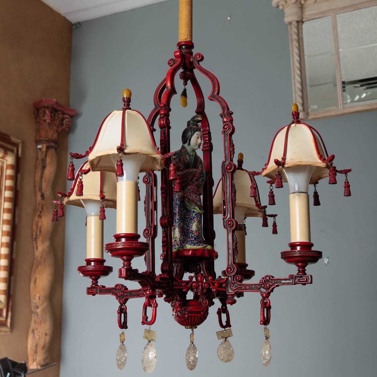 Early 20th Century Red Chinoiserie Figural Chandelier with Original Shades and Rock Crystals