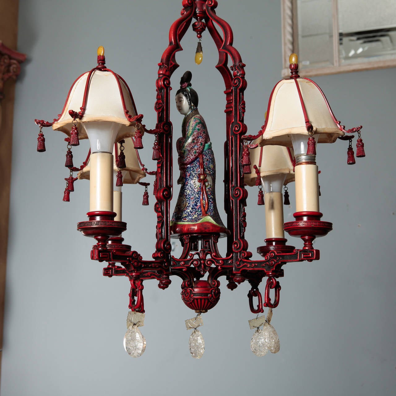 Red Chinoiserie Figural Chandelier with Original Shades and Rock Crystals 1