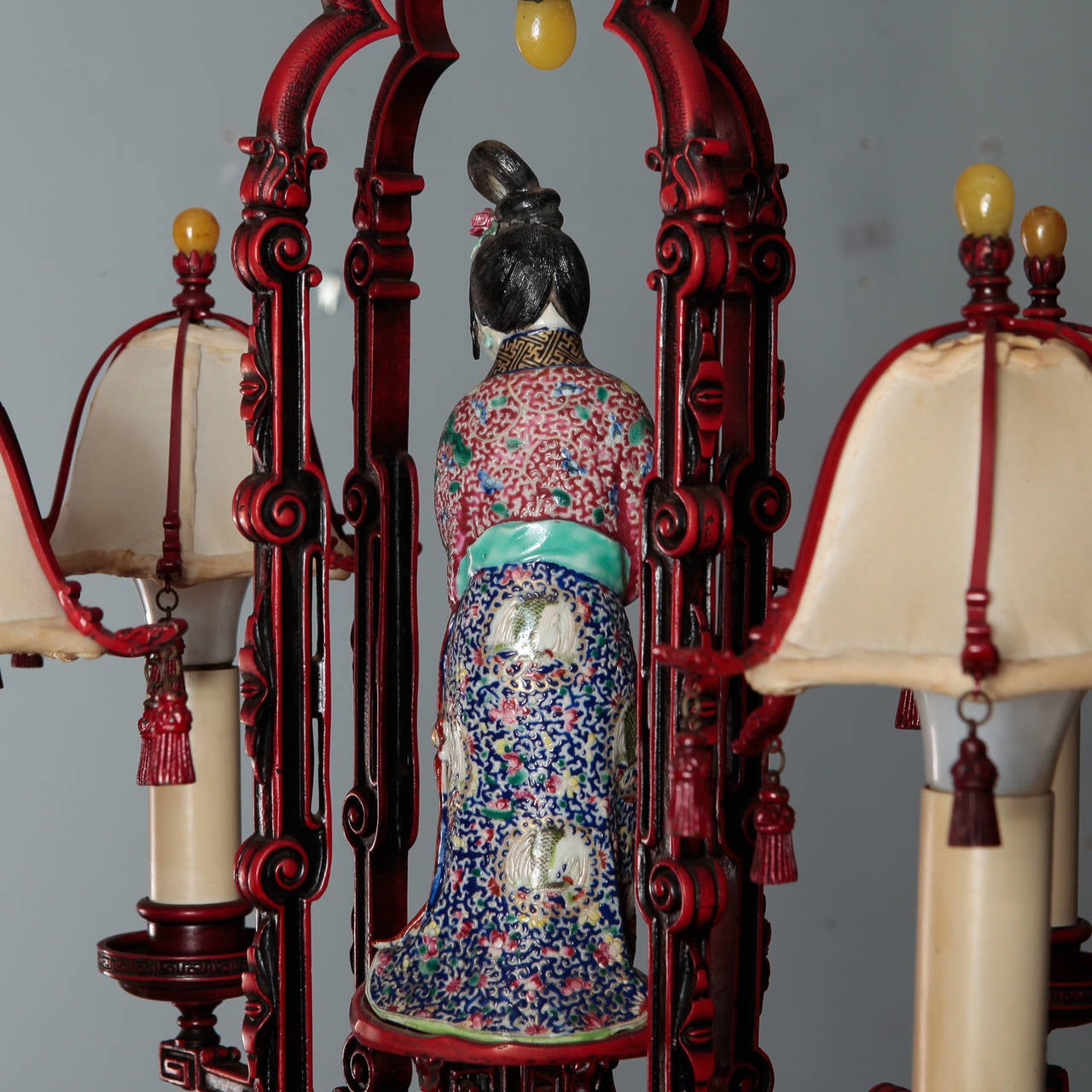 Red Chinoiserie Figural Chandelier with Original Shades and Rock Crystals 2