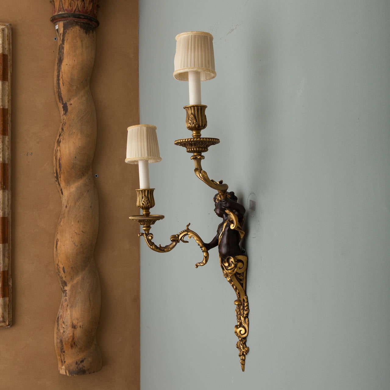 Pair of Two-Arm Gilded Bronze Sconces with Puti 4