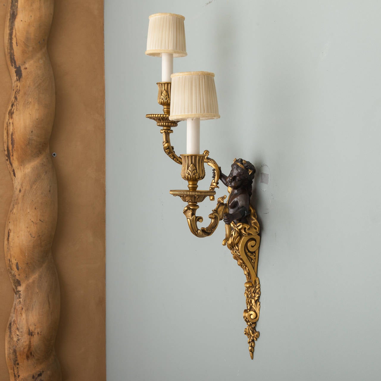 Pair of Two-Arm Gilded Bronze Sconces with Puti In Excellent Condition In Troy, MI