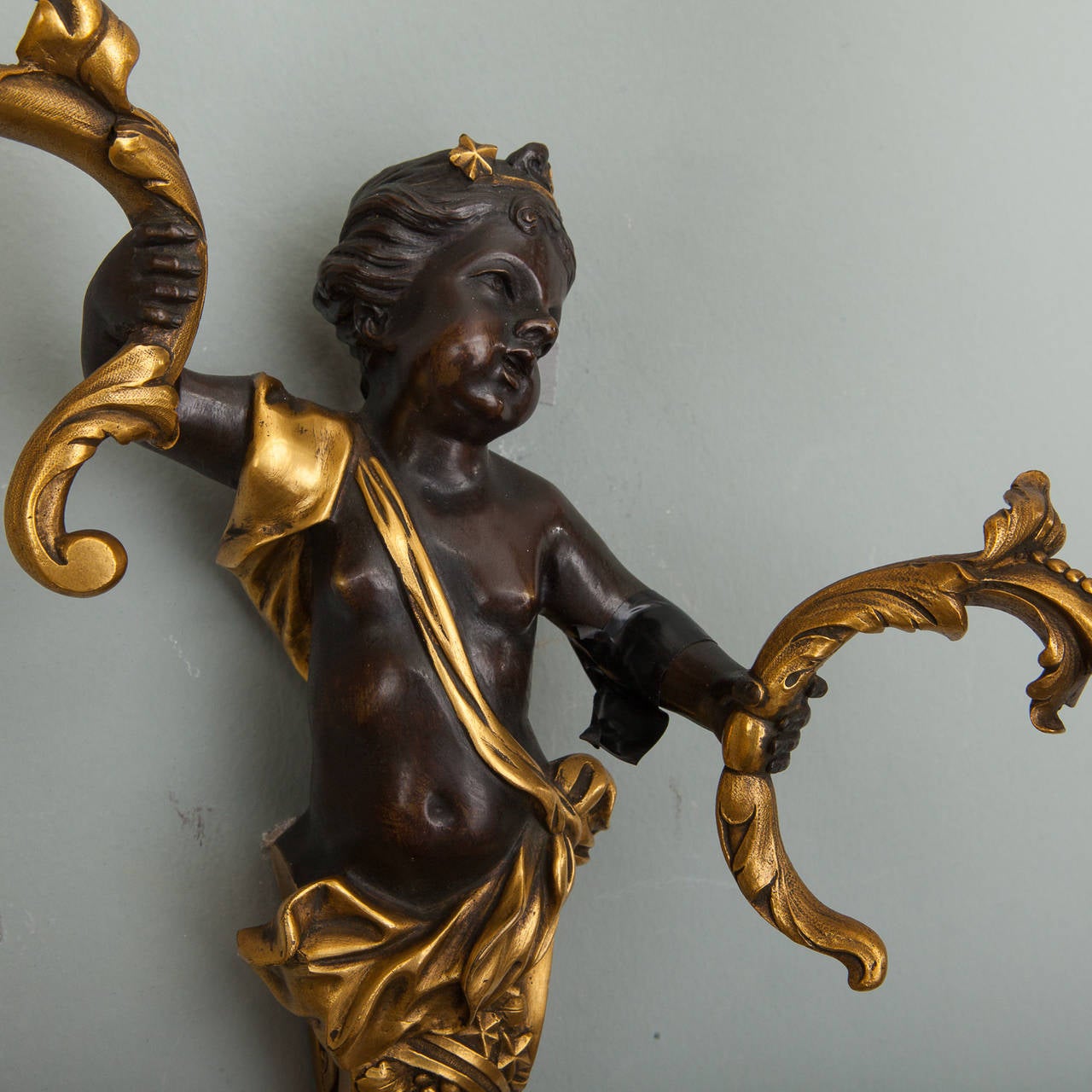 Pair of Two-Arm Gilded Bronze Sconces with Puti 2