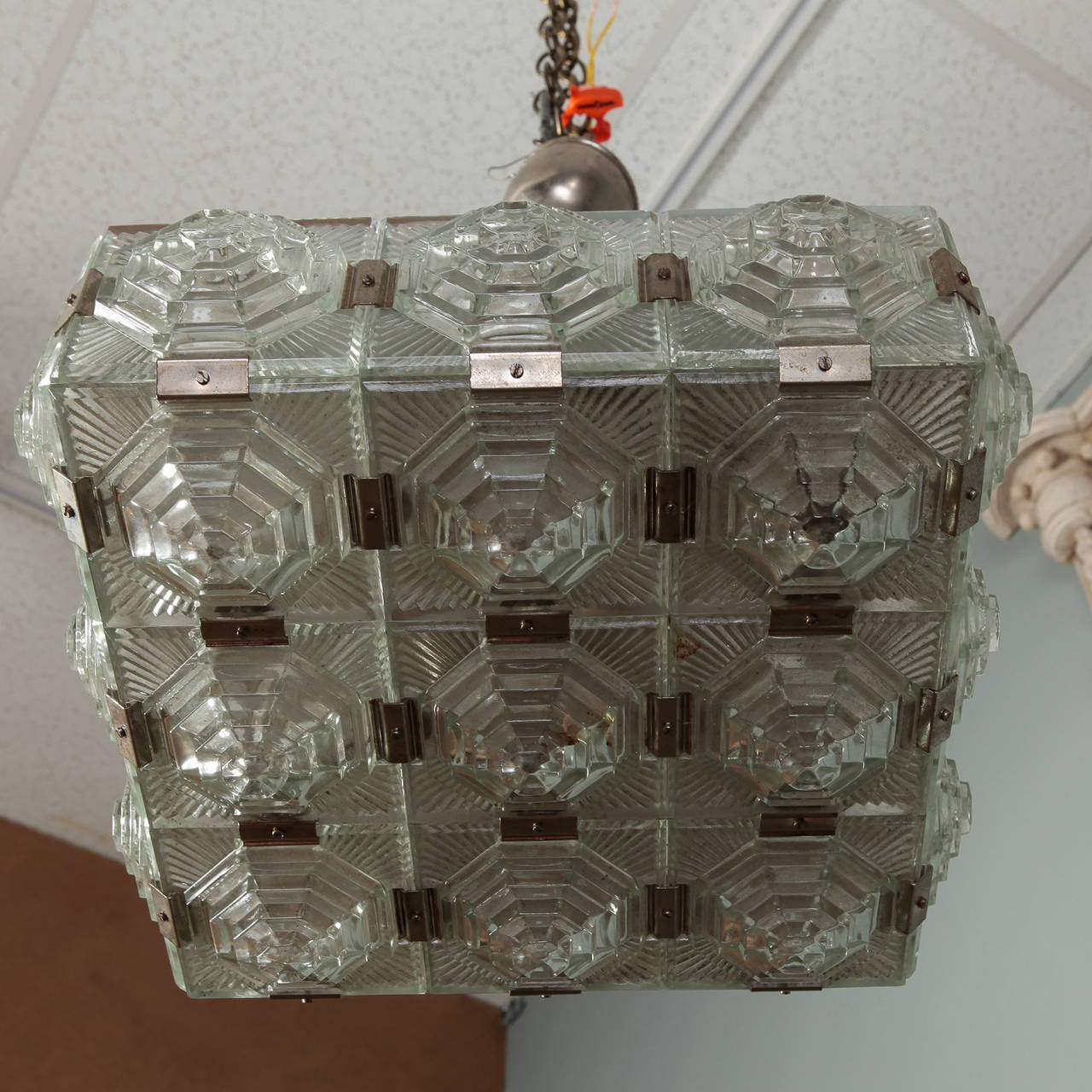 Mid Century Hanging Fixture with Octagonal Dimensional Glass Panels In Excellent Condition In Troy, MI
