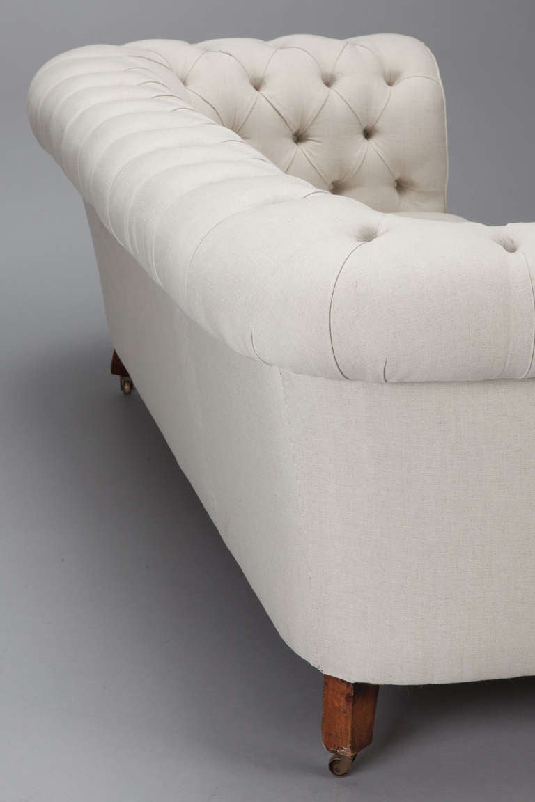 20th Century English Chesterfield Sofa Upholstered in Off White Belgian Linen