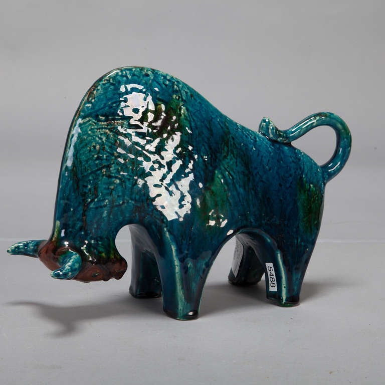 Mid Century Blue Green Ceramic Bull