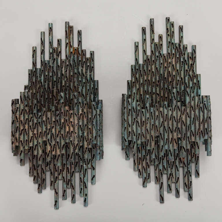 Pair Large Brutalist Pierced Metal Fantoni Style Sconces
