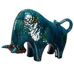 Mid Century Blue Green Ceramic Bull