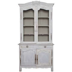 Antique Painted Blue Gray French Pine Buffet Deux Corps with Chicken Wire in Doors