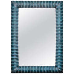 Italian Blue Painted Thick Ridged Wood Frame Mirror