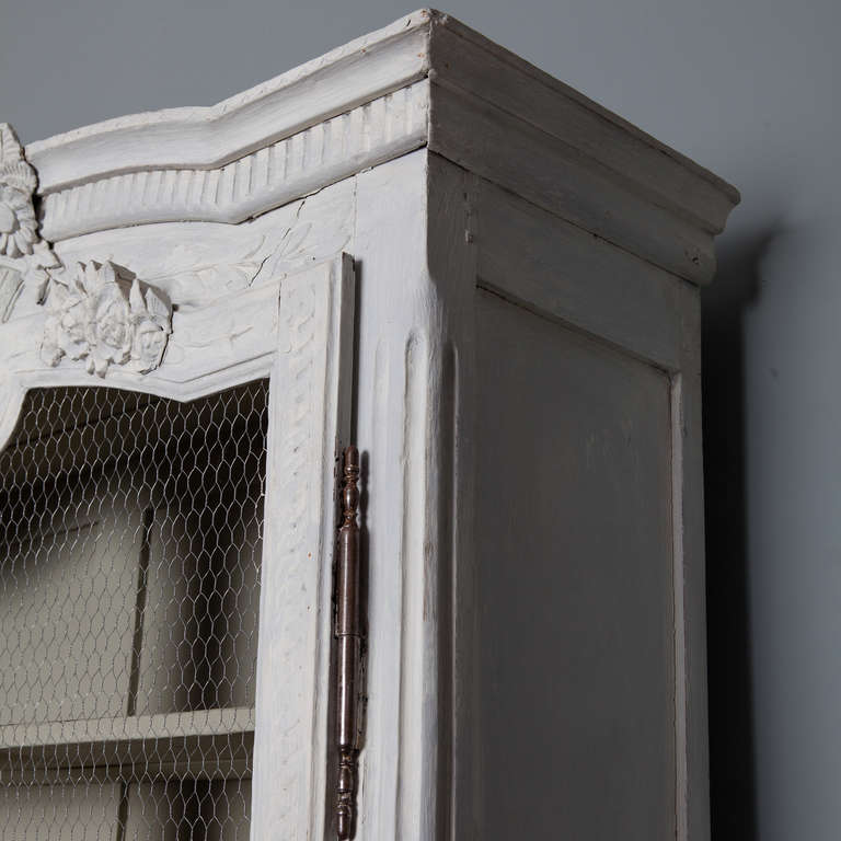 Carved Painted Blue Gray French Pine Buffet Deux Corps with Chicken Wire in Doors
