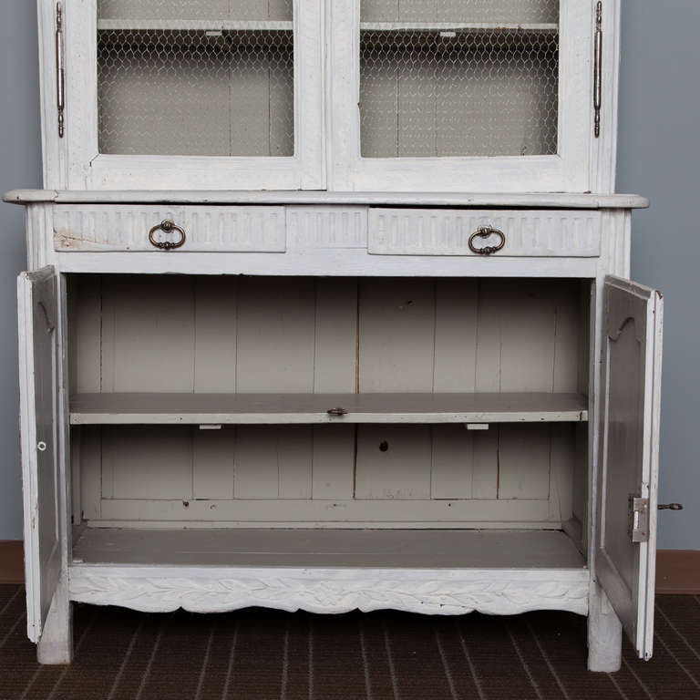 Painted Blue Gray French Pine Buffet Deux Corps with Chicken Wire in Doors In Good Condition In Troy, MI
