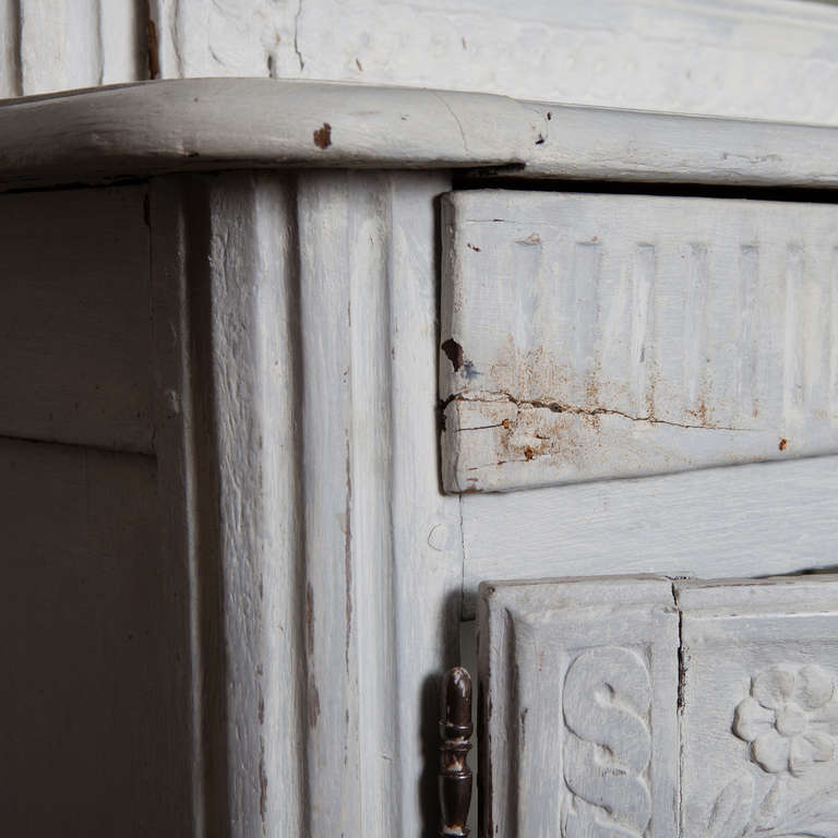 19th Century Painted Blue Gray French Pine Buffet Deux Corps with Chicken Wire in Doors