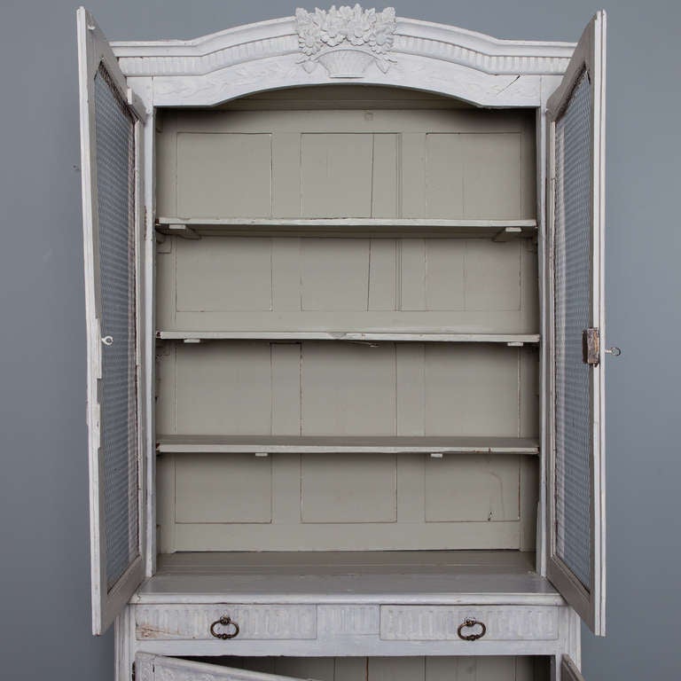 Wood Painted Blue Gray French Pine Buffet Deux Corps with Chicken Wire in Doors