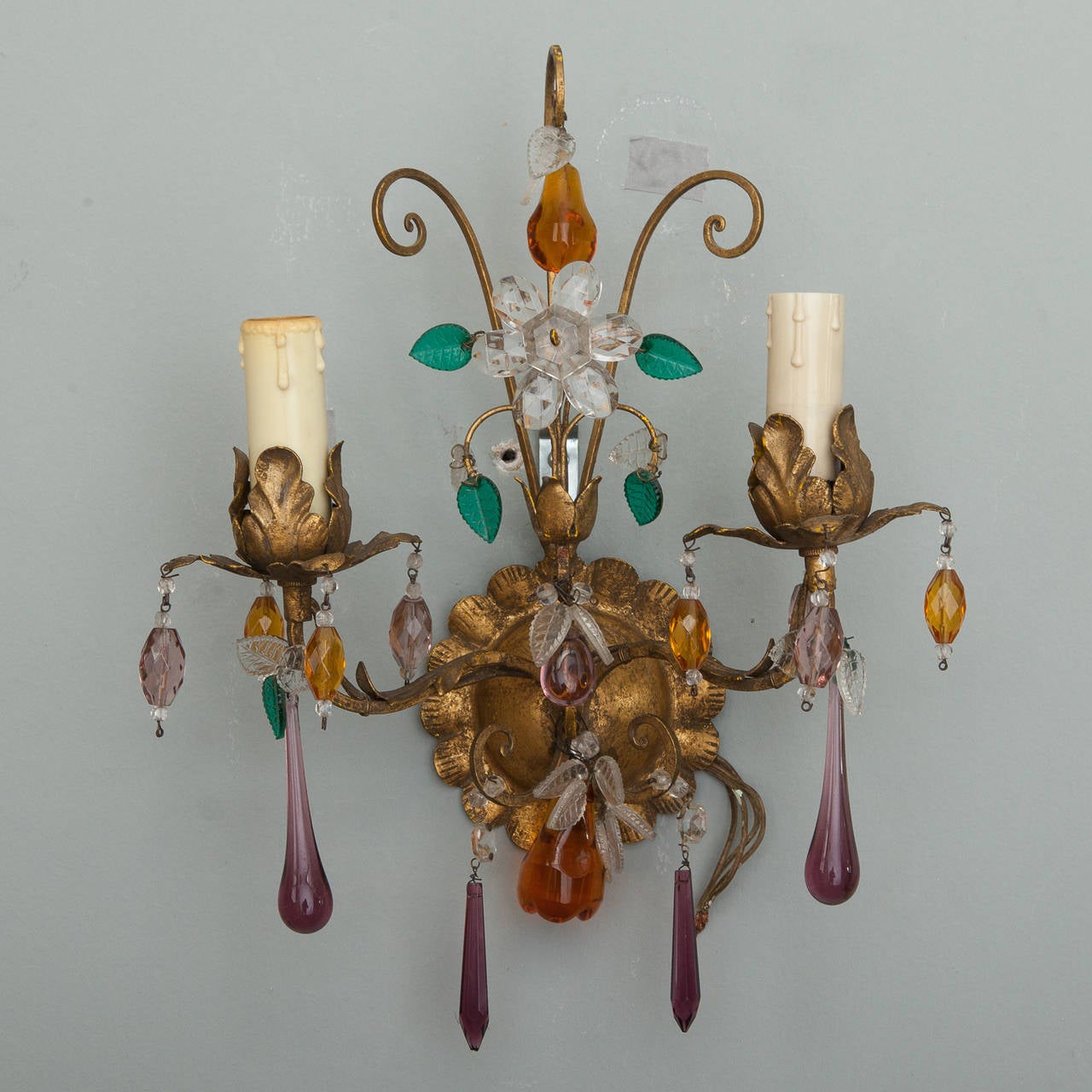 Pair of Italian Two-Light Tole Sconces with Glass Fruit In Excellent Condition In Troy, MI
