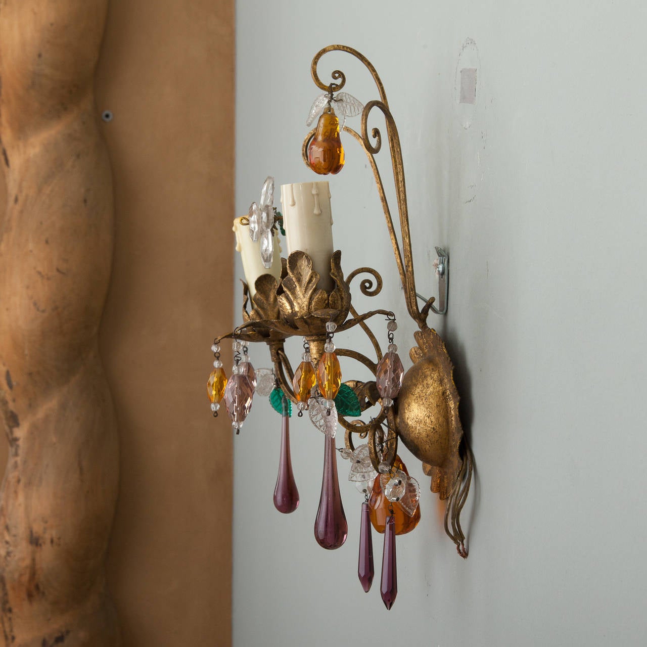 Mid-20th Century Pair of Italian Two-Light Tole Sconces with Glass Fruit