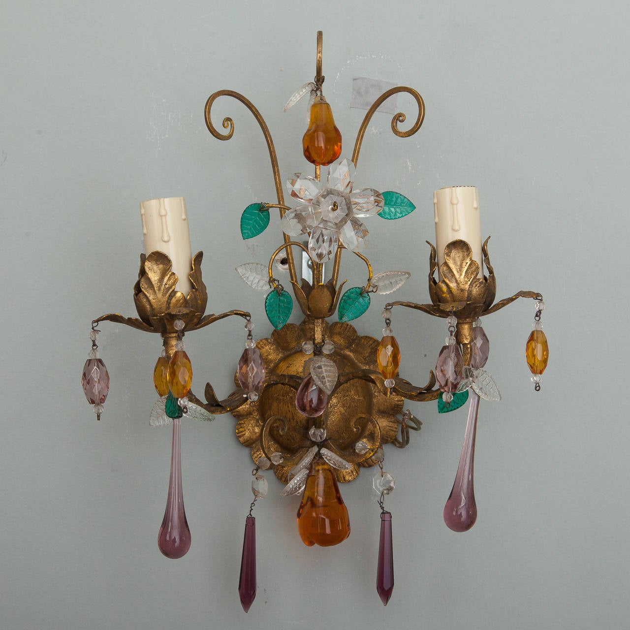 Pair of Italian Two-Light Tole Sconces with Glass Fruit 2