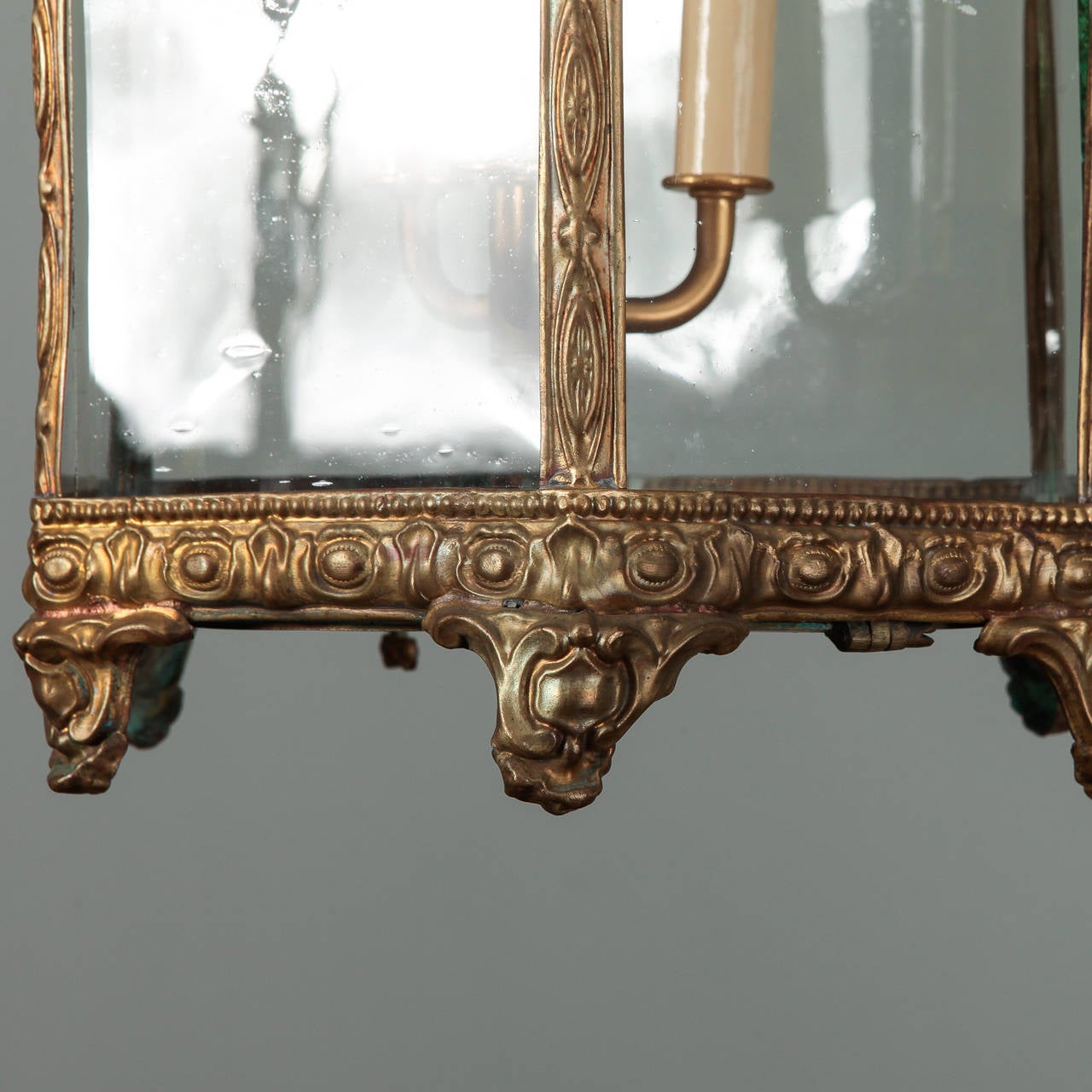 Circa 1860s French lantern style fixture with gilded bronze, footed frame, and three internal, candle style sockets. New wiring for US electrical standards.
# of Sockets:  3
Socket Type:  Candelabra