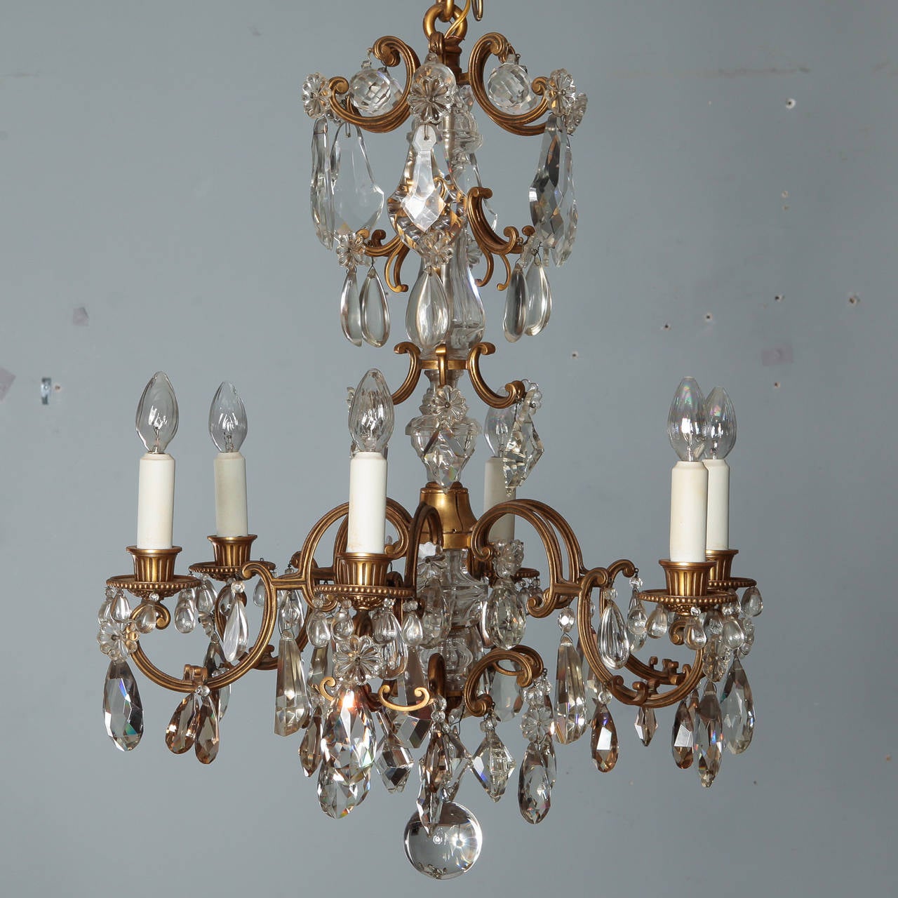 French Large Bronze and Crystal Six-Light Chandelier
