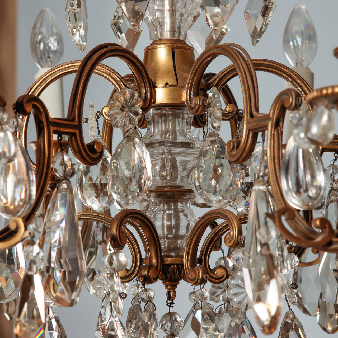 Early 20th Century Large Bronze and Crystal Six-Light Chandelier