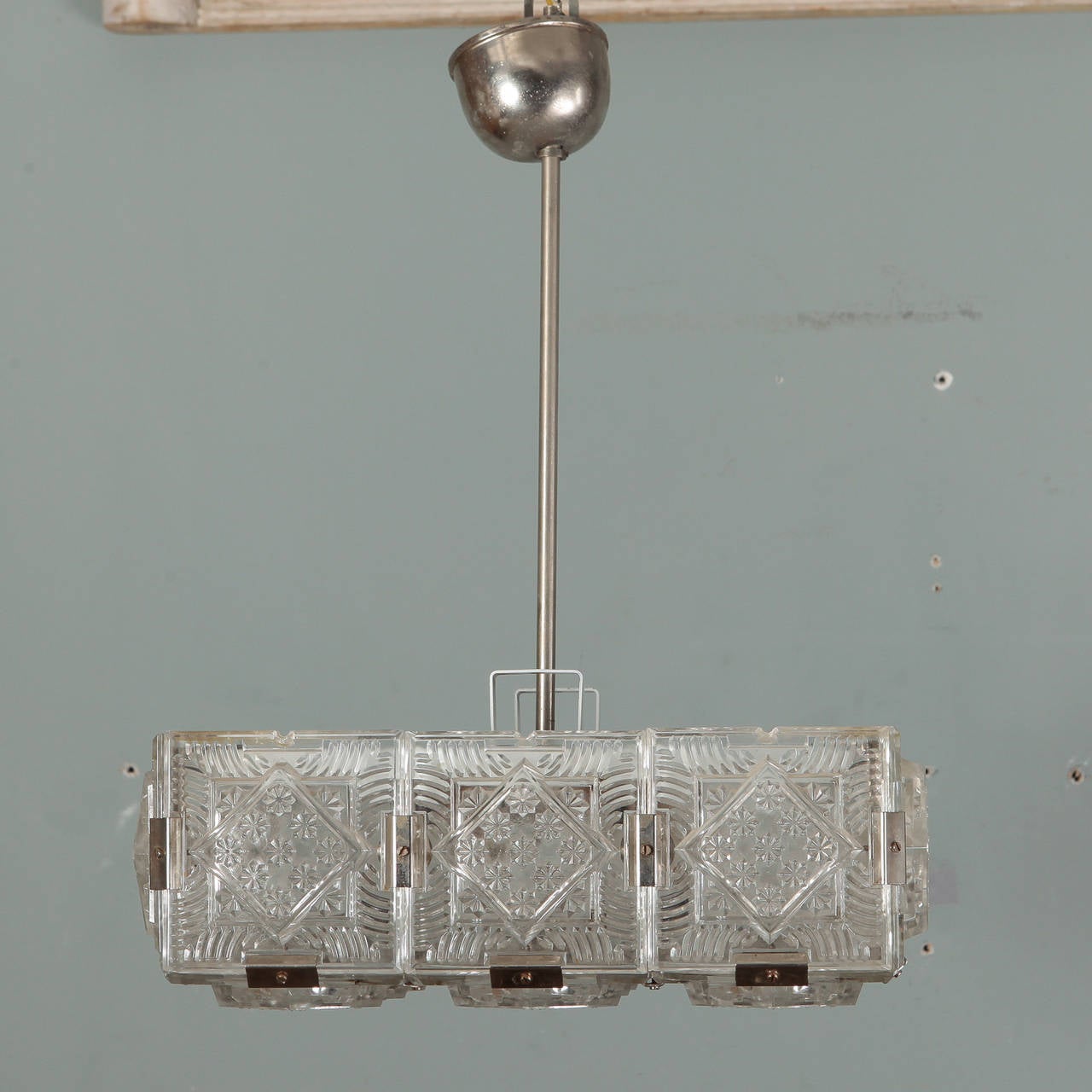 Mid Century German Hanging Fixture with Etched Glass Panels