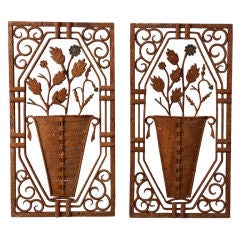 Pair French Iron Plaques with Flower Vases