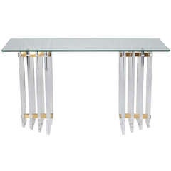 Mid Century Lucite and Glass Console with Brass Spacers