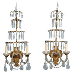 Pair of Italian Two Light Sconces with Three Tiers of Hanging Spear Crystals