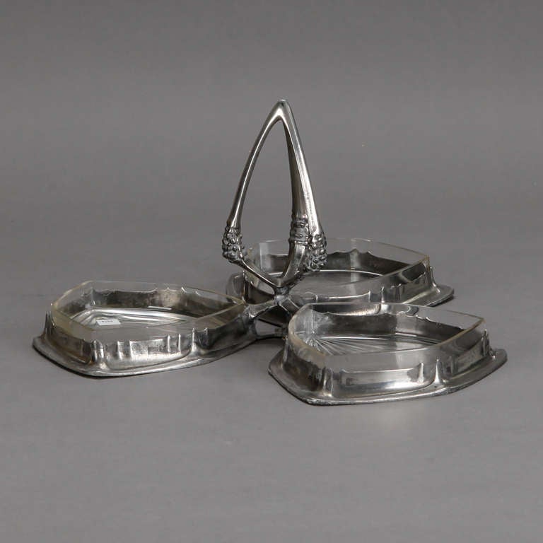 Kaiser Zinn Serving Tray with Three Glass Dishes For Sale at 1stDibs