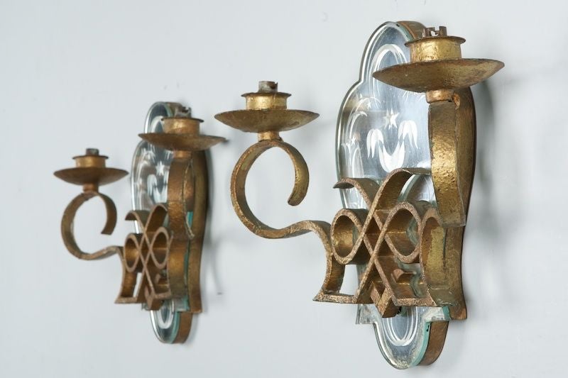Pair Two Light Gilded Iron Mirrored Sconces
