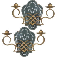 Pair Two Light Gilded Iron Mirrored Sconces Antique Pair Two Light Gilded Iron Mirrored Sconces