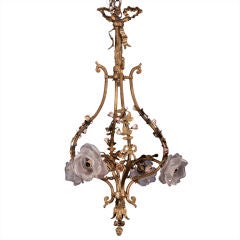 Antique French Brass Four Light Chandelier with Porcelain Flowers