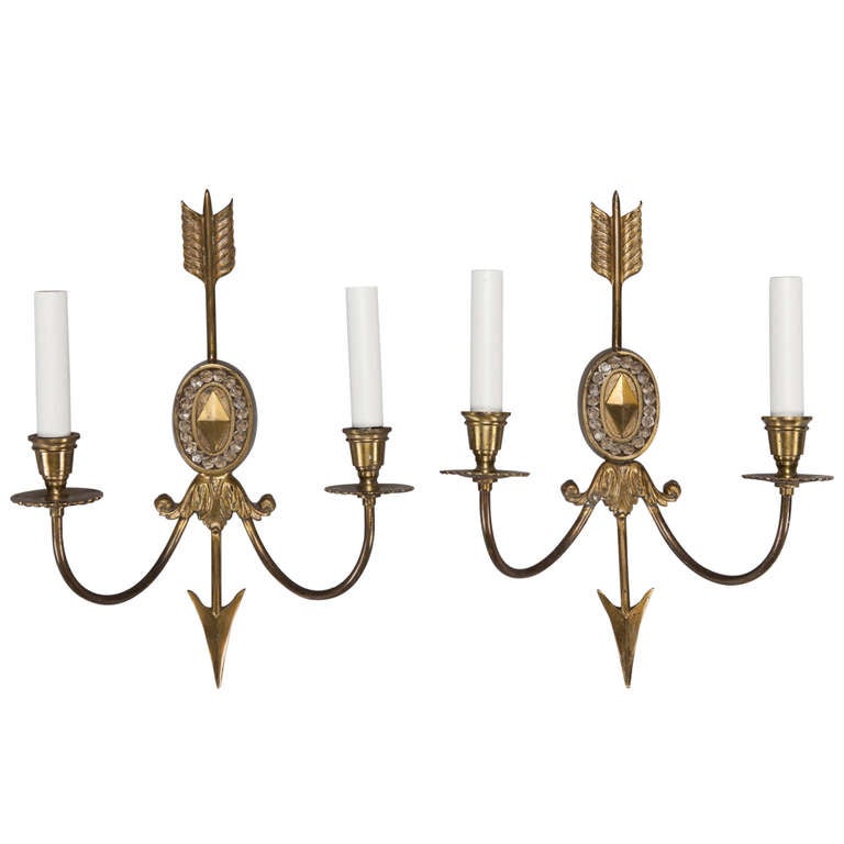 Pair Two Light Brass Arrow Sconces For Sale at 1stdibs