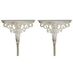 Pair French Wall-Mounted Highly Carved Consoles with Marble Tops