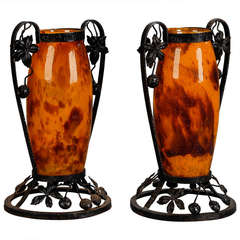 Pair of Tall Signed Delatte Nancy Art Glass and Iron Vases 9