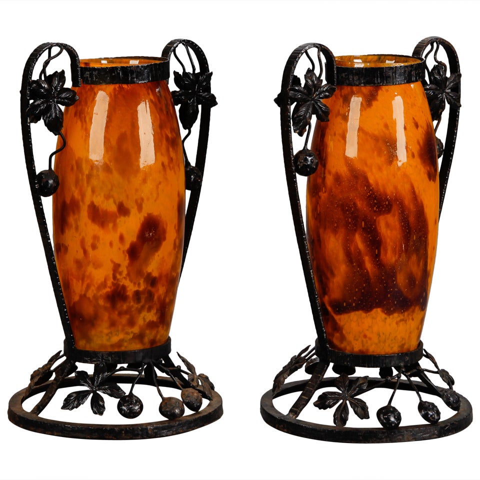 Pair of Tall Signed Delatte Nancy Art Glass and Iron Vases For Sale