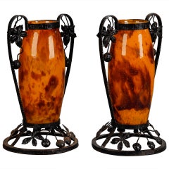 Pair of Tall Signed Delatte Nancy Art Glass and Iron Vases