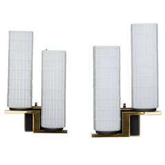 Pair of European Modernist Brass and Glass Two Light Sconces
