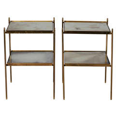 Pair of Neoclassical Style Two Tier Brass and Mirror Side Tables