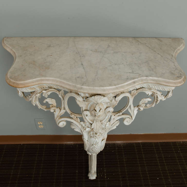 Louis XV Pair French Wall-Mounted Highly Carved Consoles with Marble Tops
