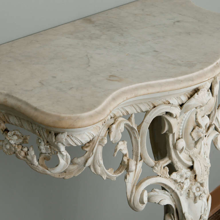 Pair French Wall-Mounted Highly Carved Consoles with Marble Tops In Good Condition In Troy, MI